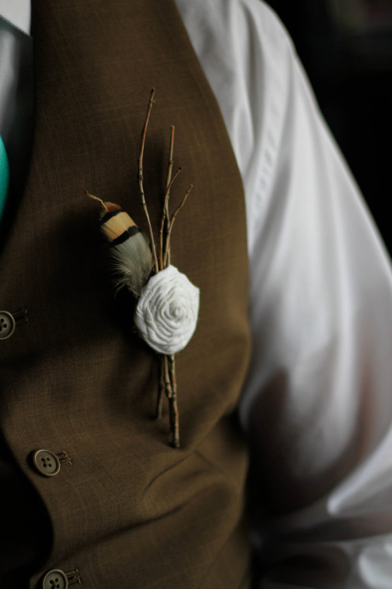 3 Twig Rolled Rose Feather Boutonnieres