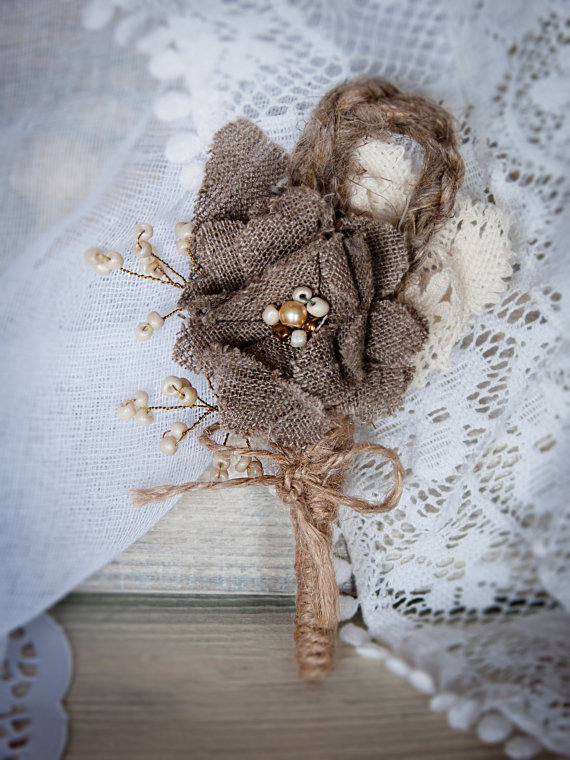 Rustic Chic boutonniere with handmade burlap flower