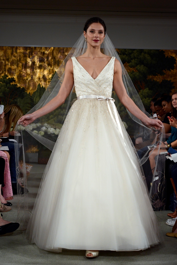 NEW YORK, NY - APRIL 12: A model walks the runway at the Anne Barge Spring 2015 Bridal collection show at The London Hotel on April 12, 2014 in New York City.