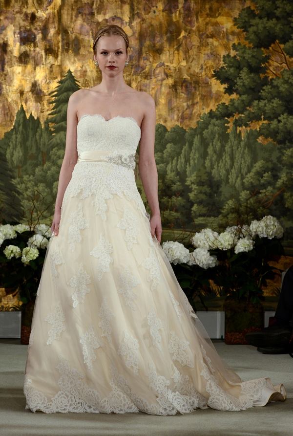 NEW YORK, NY - APRIL 12: A model walks the runway at the Anne Barge Spring 2015 Bridal collection show at The London Hotel on April 12, 2014 in New York City.