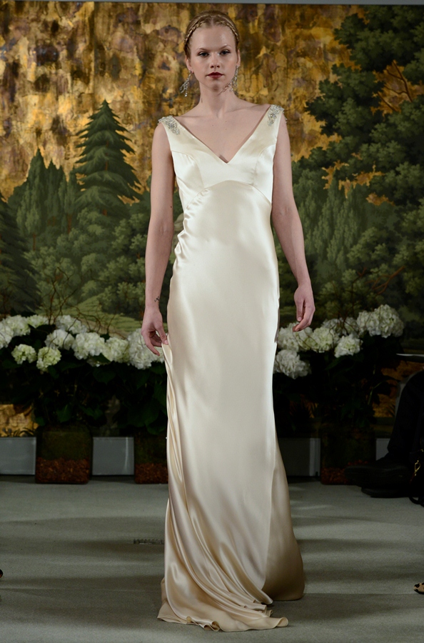 NEW YORK, NY - APRIL 12: A model walks the runway at the Anne Barge Spring 2015 Bridal collection show at The London Hotel on April 12, 2014 in New York City.