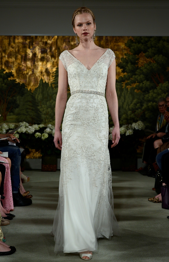 NEW YORK, NY - APRIL 12: A model walks the runway at the Anne Barge Spring 2015 Bridal collection show at The London Hotel on April 12, 2014 in New York City.
