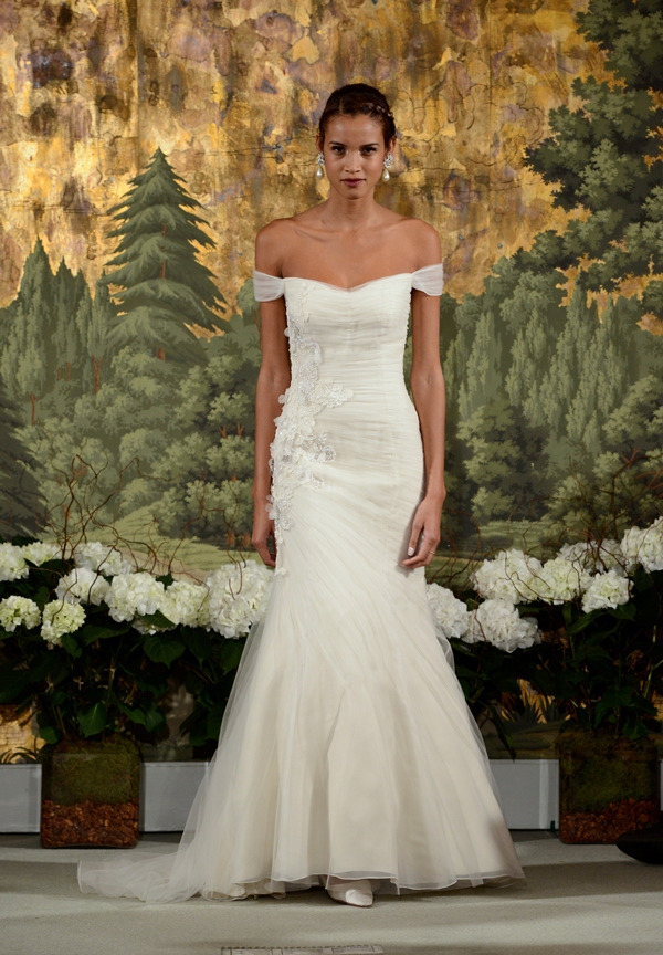 NEW YORK, NY - APRIL 12: A model walks the runway at the Anne Barge Spring 2015 Bridal collection show at The London Hotel on April 12, 2014 in New York City.