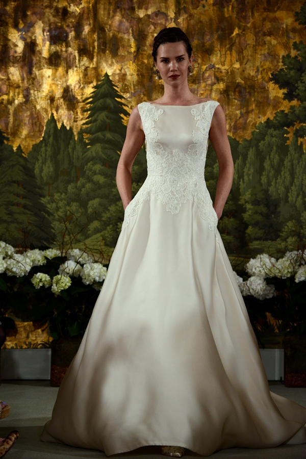 NEW YORK, NY - APRIL 12: A model walks the runway at the Anne Barge Spring 2015 Bridal collection show at The London Hotel on April 12, 2014 in New York City.