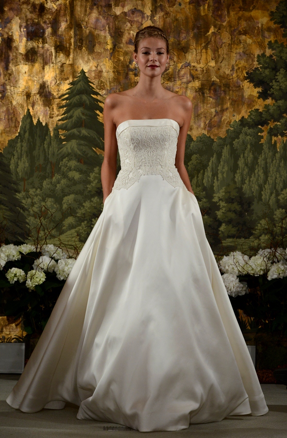 NEW YORK, NY - APRIL 12: A model walks the runway at the Anne Barge Spring 2015 Bridal collection show at The London Hotel on April 12, 2014 in New York City.