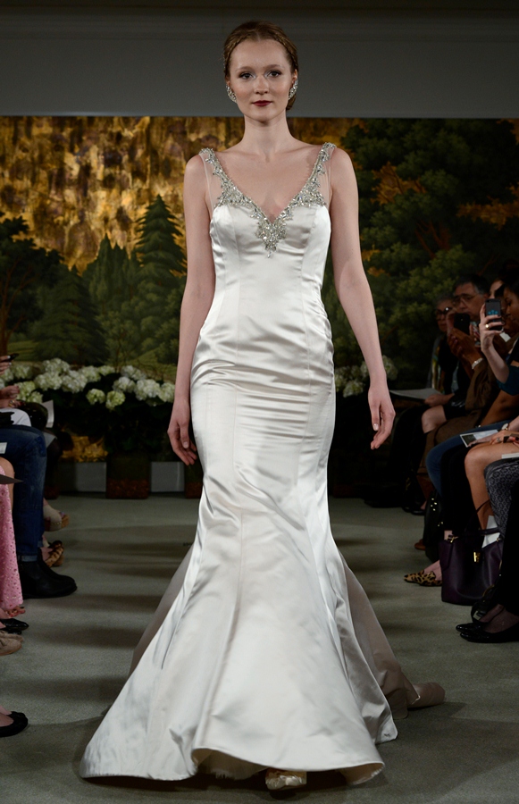 NEW YORK, NY - APRIL 12: A model walks the runway at the Anne Barge Spring 2015 Bridal collection show at The London Hotel on April 12, 2014 in New York City.
