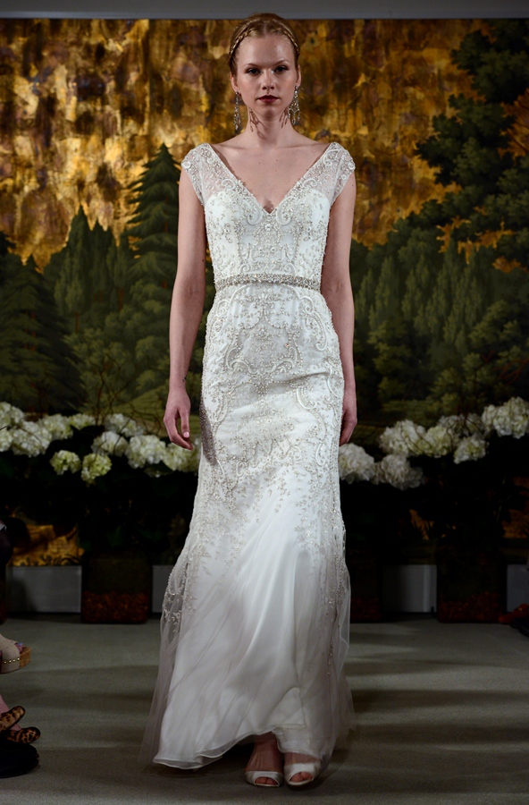 NEW YORK, NY - APRIL 12: A model walks the runway at the Anne Barge Spring 2015 Bridal collection show at The London Hotel on April 12, 2014 in New York City.