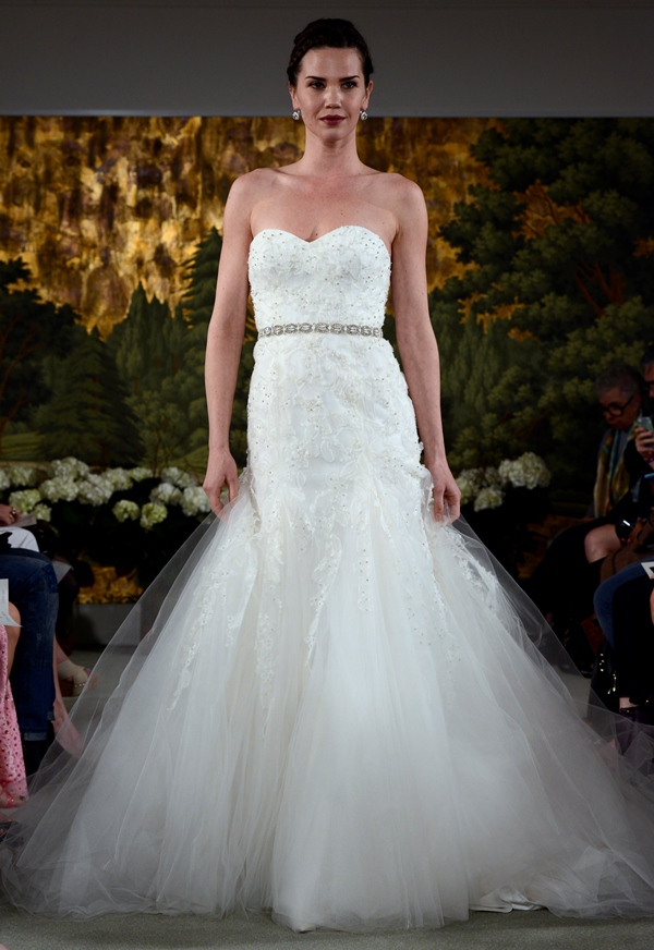 NEW YORK, NY - APRIL 12: A model walks the runway at the Anne Barge Spring 2015 Bridal collection show at The London Hotel on April 12, 2014 in New York City.