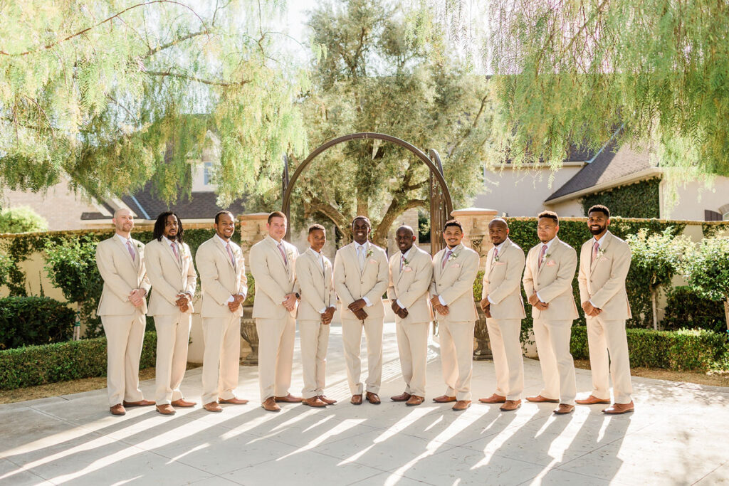 Groomsman lined up with groom wearing beige suites and pink ties at rustic wedding.