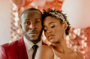 Close-up of bride and groom in Valentine's shoot.