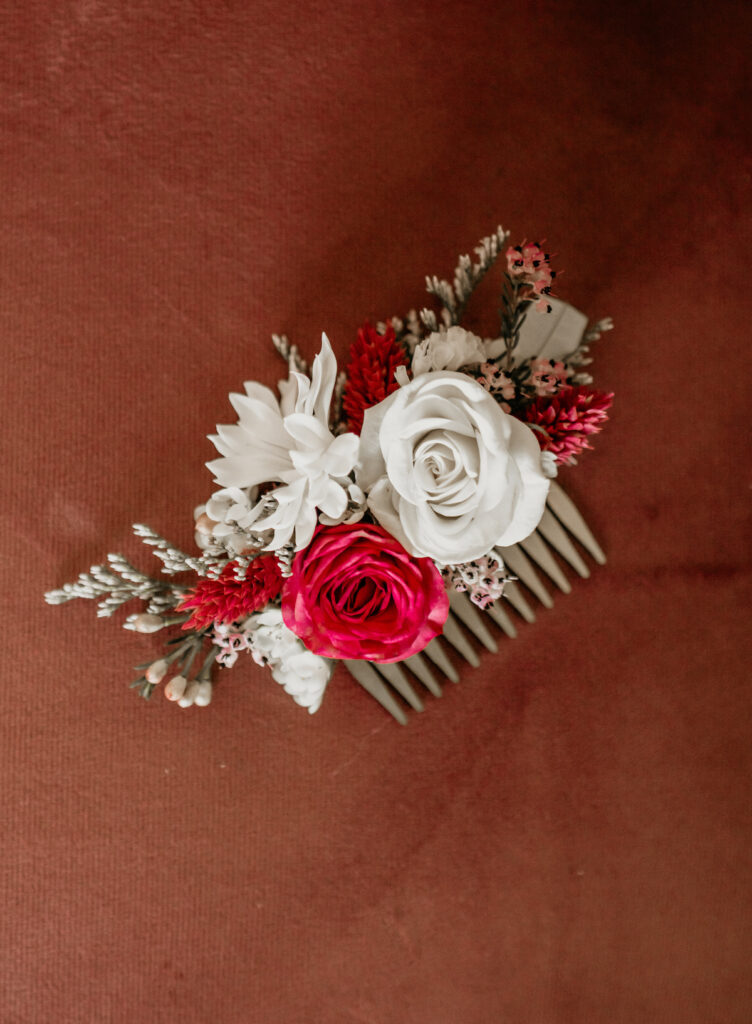 Flower Barrete accessory in Valentine's day themed wedding shoot.