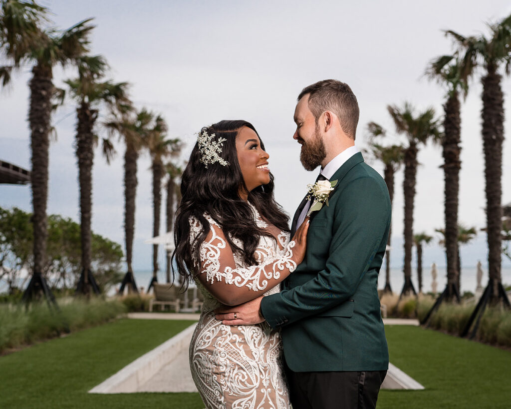 Bride and Groom pose in photoshoot for their intimate micro wedding. 