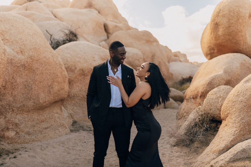 Brittany Thompson & Charlie Jim-George black-tie desert engagement session in Joshua Tree California. Photos by Reem Photography.