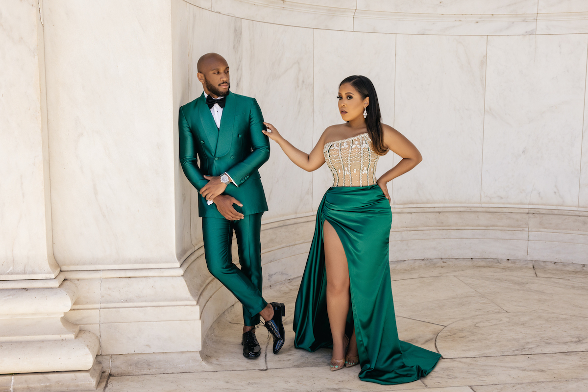 Featured in Issue No. 27, Halle & Eric's engagement session in Washington D.C. exudes classy sophistication with sleek emerald attire.