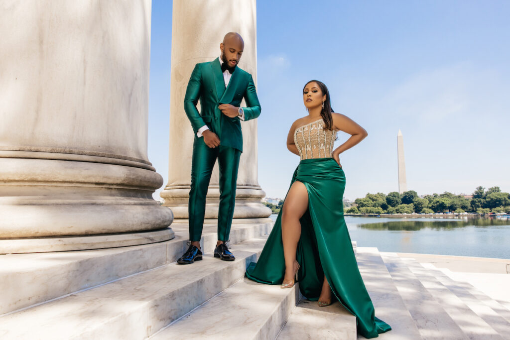 Featured in Issue No. 27, Halle & Eric's engagement session in Washington D.C. exudes classy sophistication with sleek emerald attire.