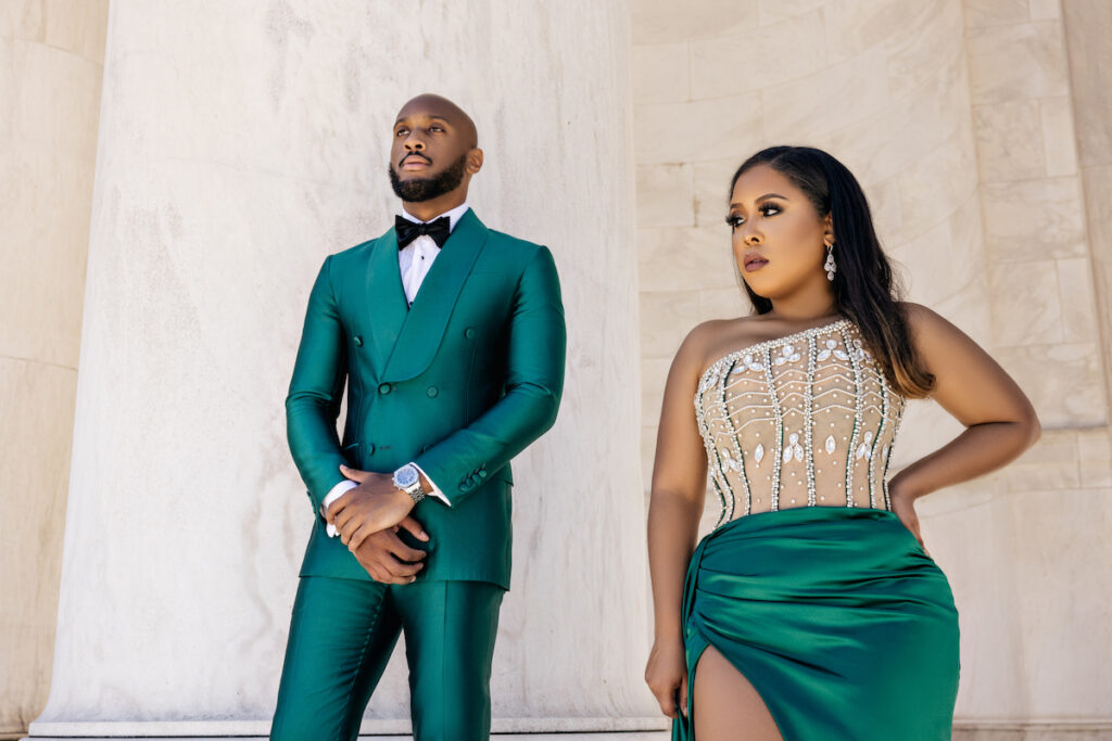 Featured in Issue No. 27, Halle & Eric's engagement session in Washington D.C. exudes classy sophistication with sleek emerald attire.