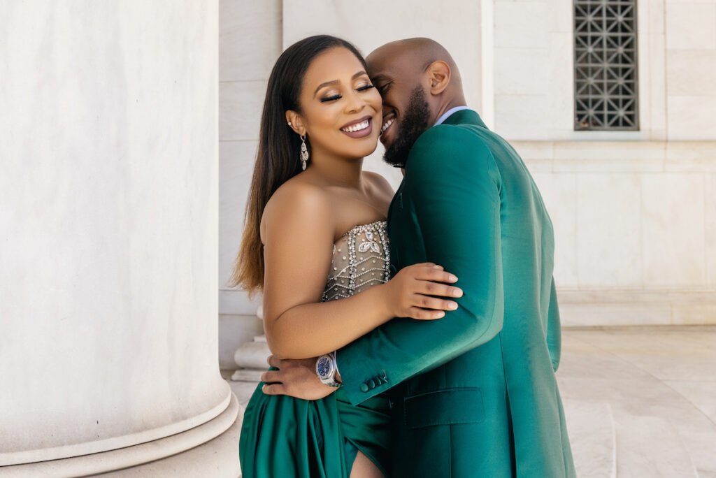 Featured in Issue No. 27, Halle & Eric's engagement session in Washington D.C. exudes classy sophistication with sleek emerald attire.