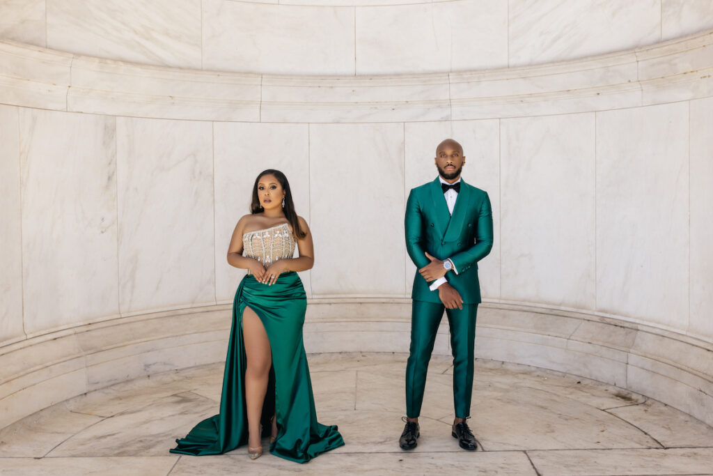 Featured in Issue No. 27, Halle & Eric's engagement session in Washington D.C. exudes classy sophistication with sleek emerald attire.