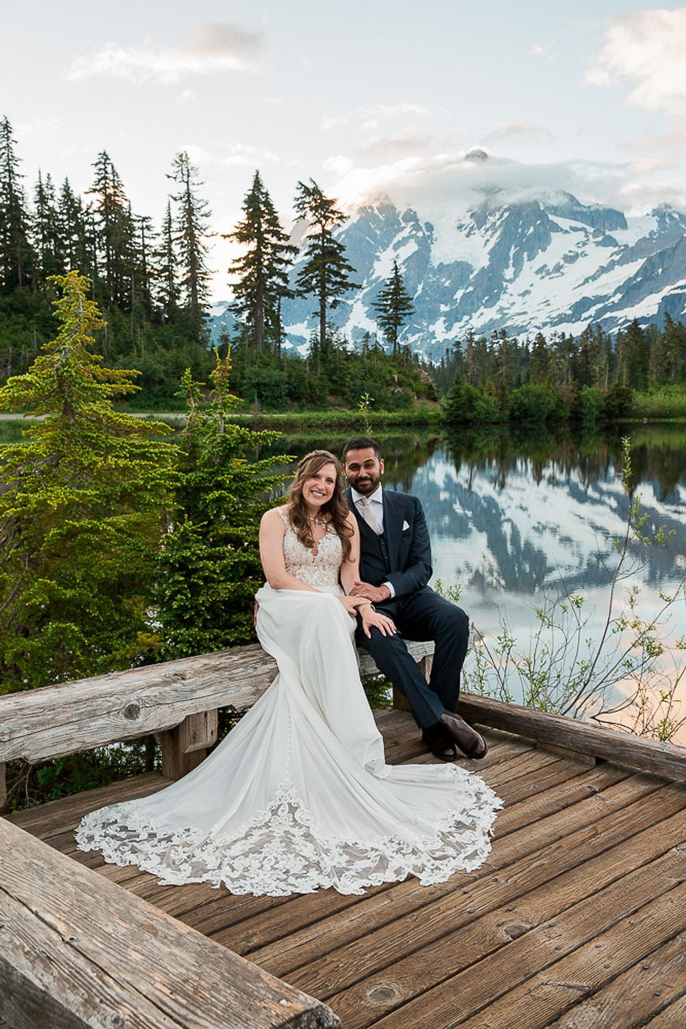 A multicultural couple says "I do" at Mt. Baker in their stunning adventure elopement at sunrise 