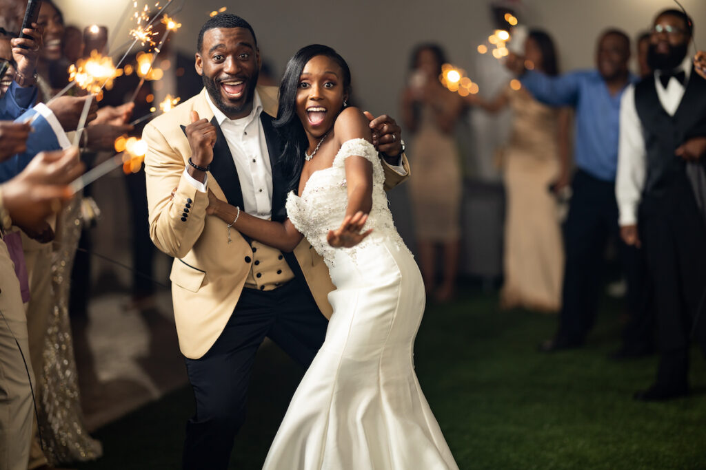 This elegant luxe wedding includes a specially choreographed dance by the bride and groom, a fun reception, and a sparkler send-off.