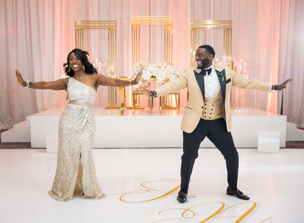 This elegant luxe wedding includes a specially choreographed dance by the bride and groom, a fun reception, and a sparkler send-off.