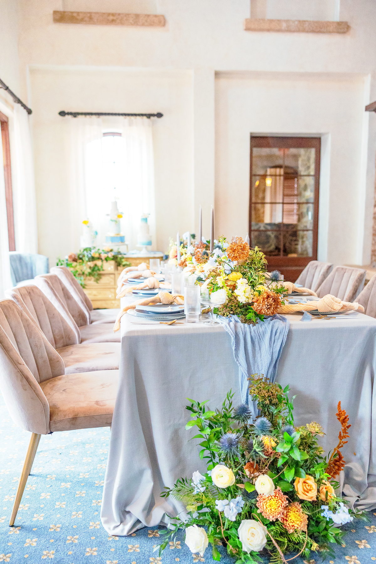 Featured in Issue No. 27, the Bella Collina venue in Central Florida sets the scene for a Tuscany-inspired blue & yellow wedding shoot.