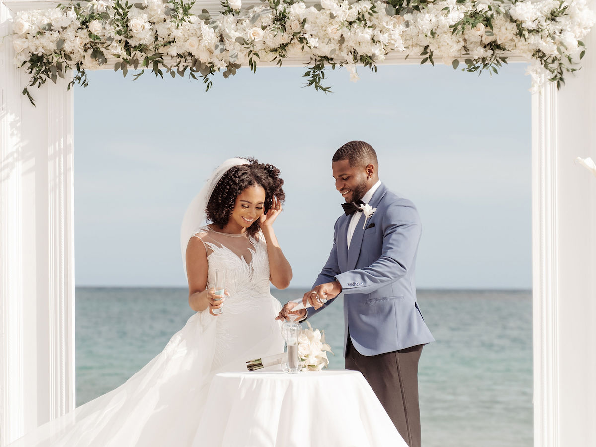 Ocean-inspired attire in dreamy destination wedding in Jamaica 