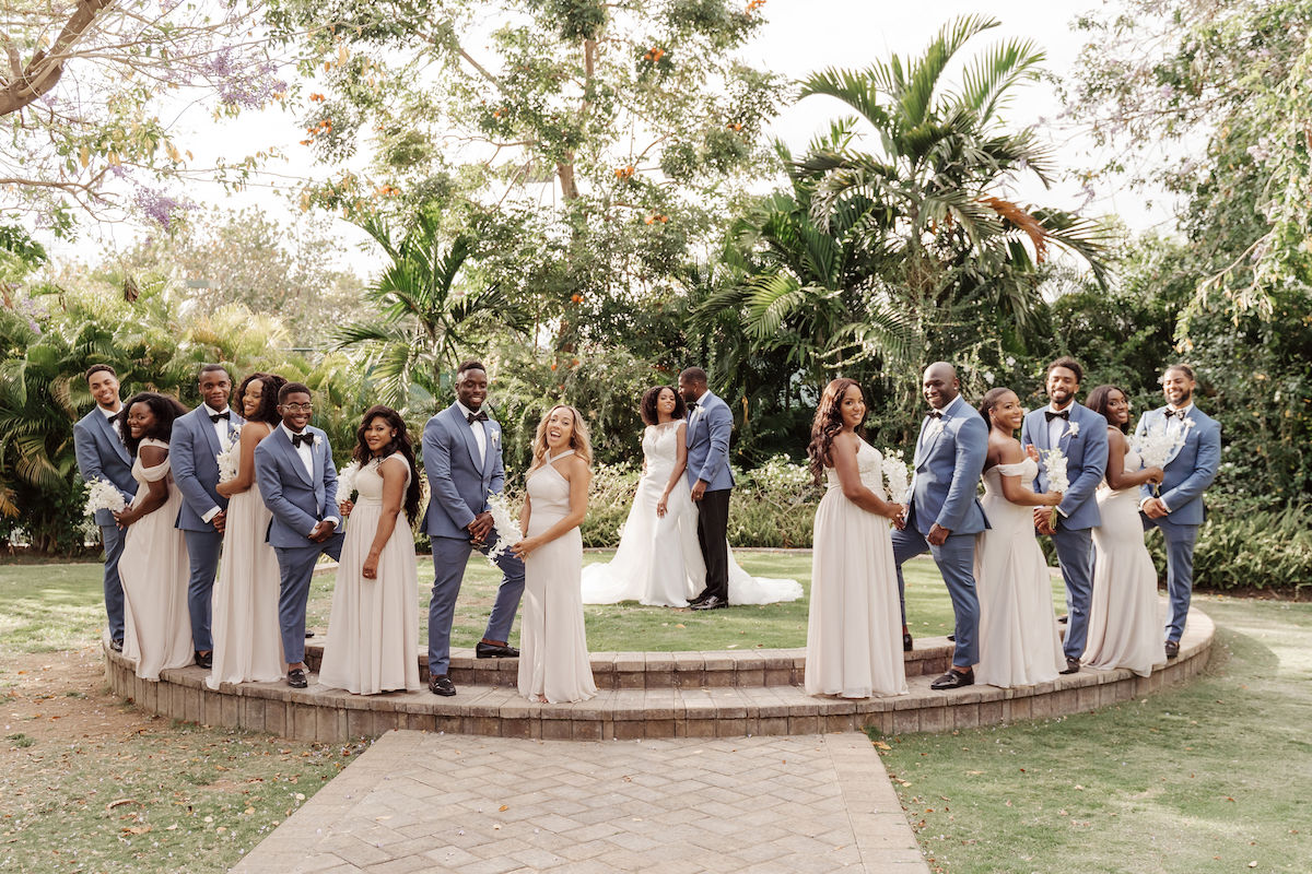 Ocean-inspired attire in dreamy destination wedding in Jamaica 