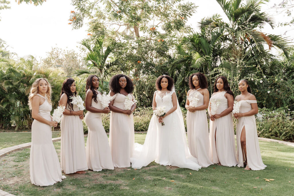 Ocean-inspired attire in dreamy destination wedding in Jamaica 