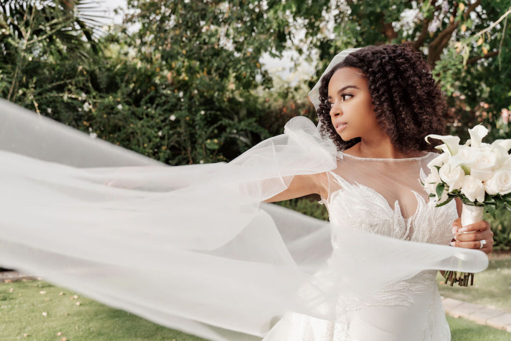 Ocean-inspired attire in dreamy destination wedding in Jamaica 