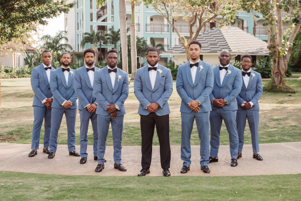 Ocean-inspired attire in dreamy destination wedding in Jamaica 