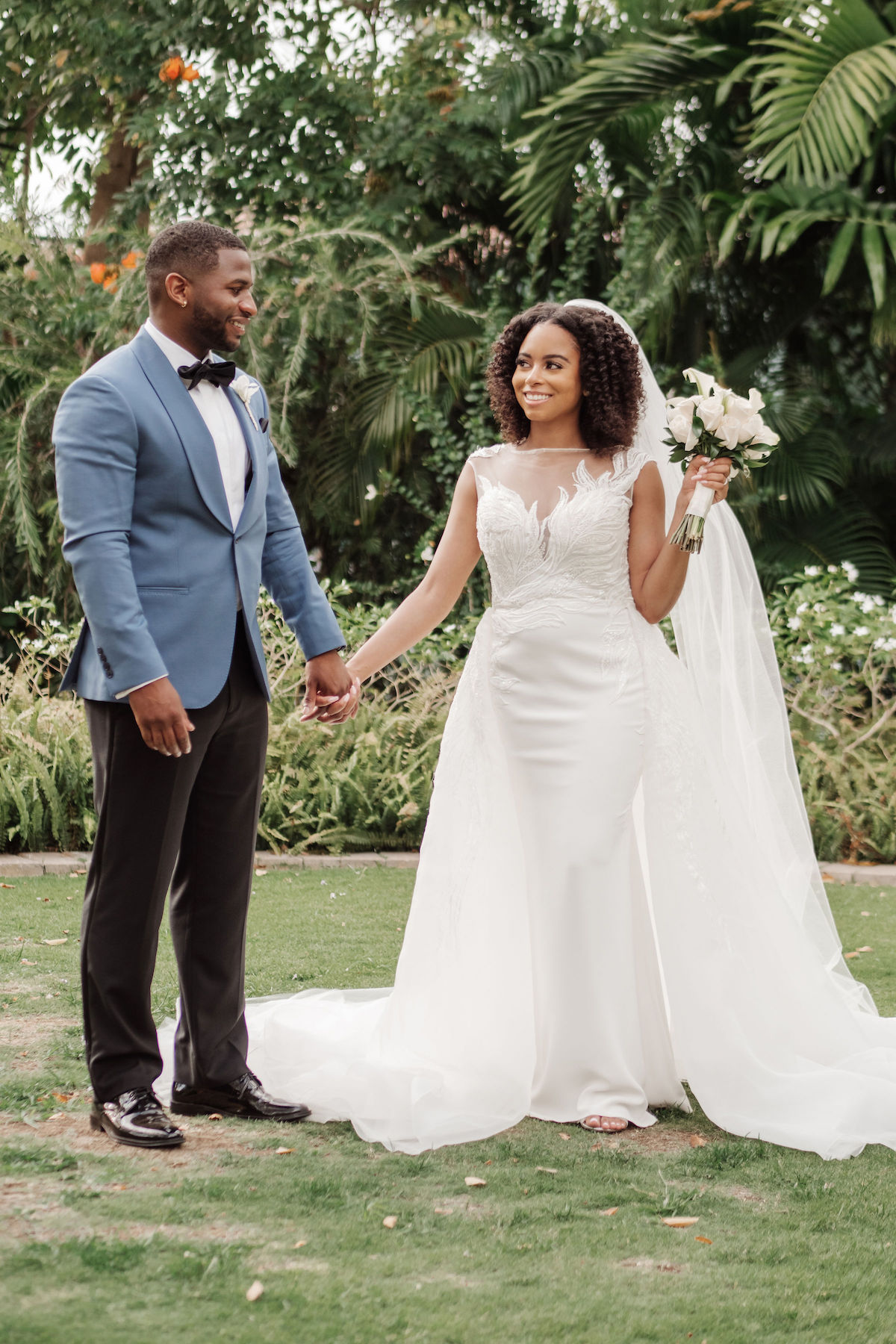 Ocean-inspired attire in dreamy destination wedding in Jamaica 