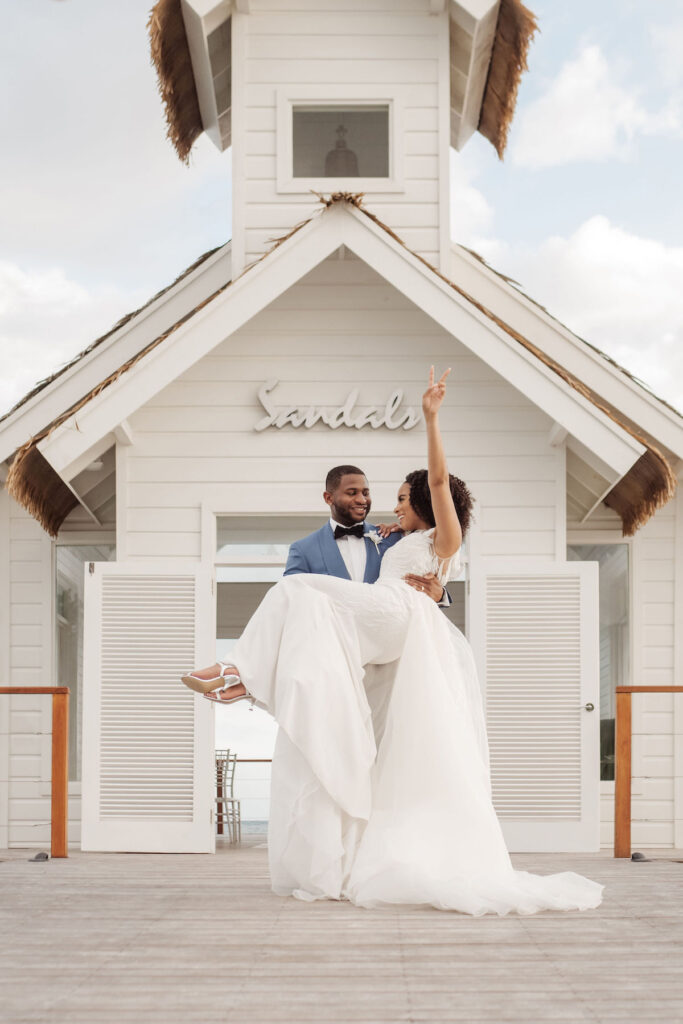 Ocean-inspired attire in dreamy destination wedding in Jamaica 