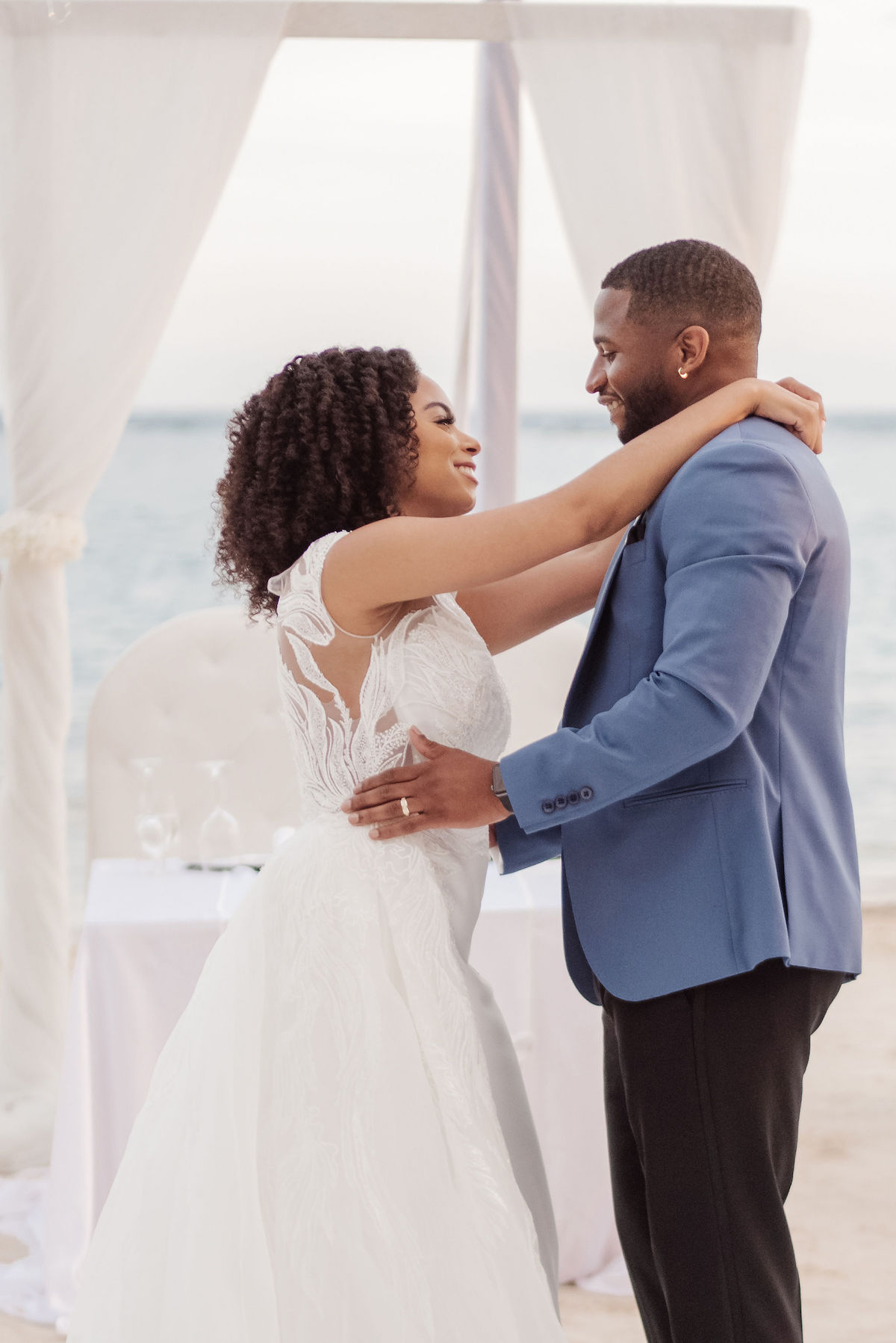 Ocean-inspired attire in dreamy destination wedding in Jamaica 