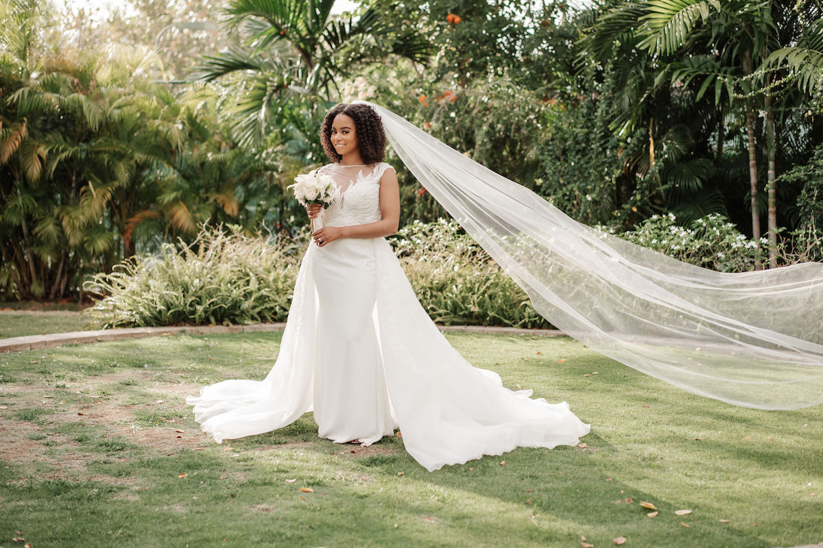 Ocean-inspired attire in dreamy destination wedding in Jamaica 