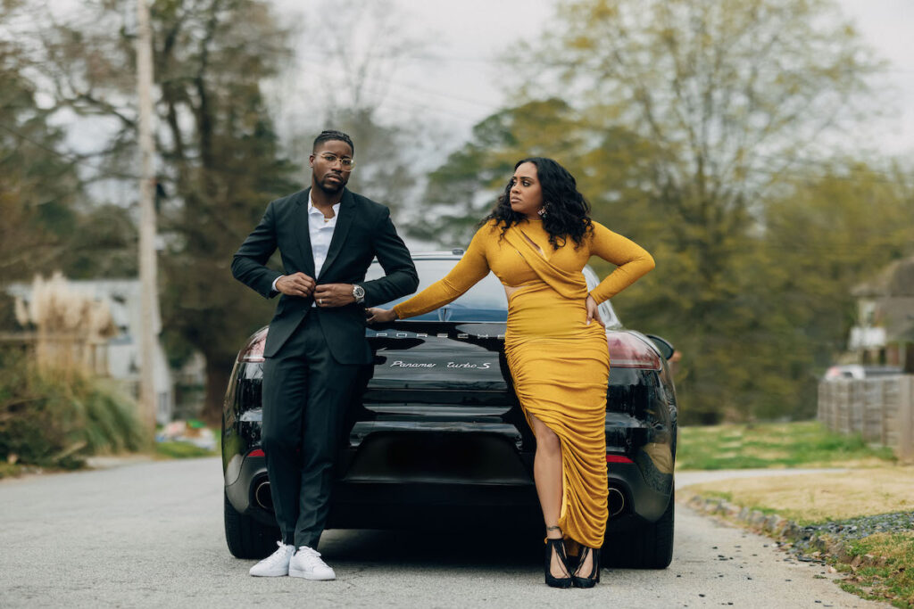 Epic elegance engagement in Atlanta, Georgia features a lux Porsche