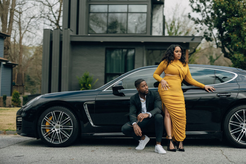 Epic elegance engagement in Atlanta, Georgia features a lux Porsche