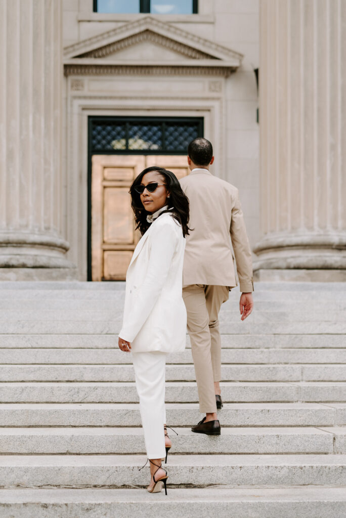 Classy engagement session in uptown Charlotte, North Carolina, takes us on a steamy walkabout from Idlewild Bar to City Hall.