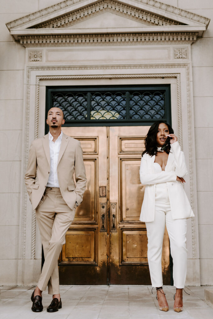 Classy engagement session in uptown Charlotte, North Carolina, takes us on a steamy walkabout from Idlewild Bar to City Hall.