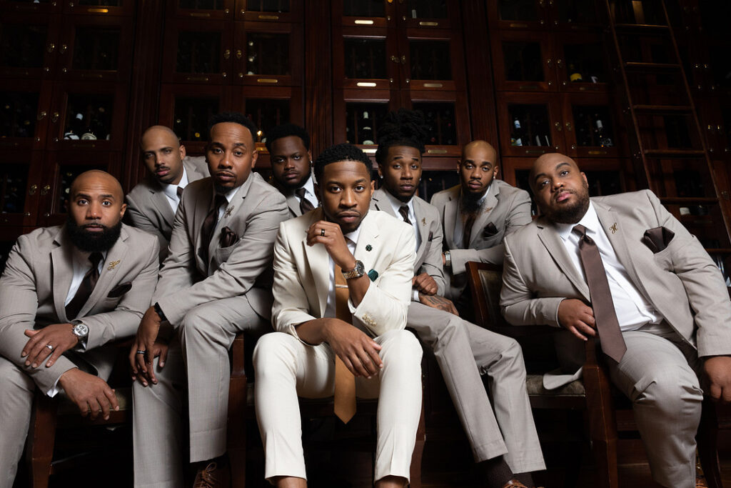 Groomsmen in earth tone suites in Elegant bohemian wedding in Atlanta