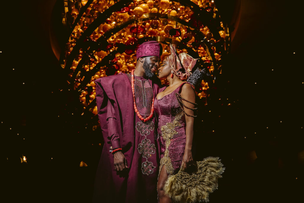 The Grand at Moon Palace in Cancun, Mexico, hosts couples' traditional Nigerian & White Weddings with Benin attire and Ankara patterns.