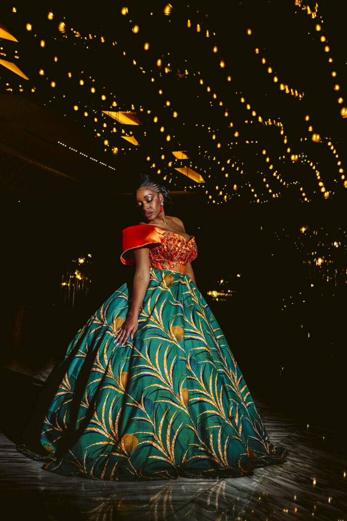 The Grand at Moon Palace in Cancun, Mexico, hosts couples' traditional Nigerian & White Weddings with Benin attire and Ankara patterns.