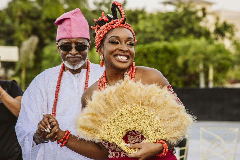 The Grand at Moon Palace in Cancun, Mexico, hosts couples' traditional Nigerian & White Weddings with Benin attire and Ankara patterns.