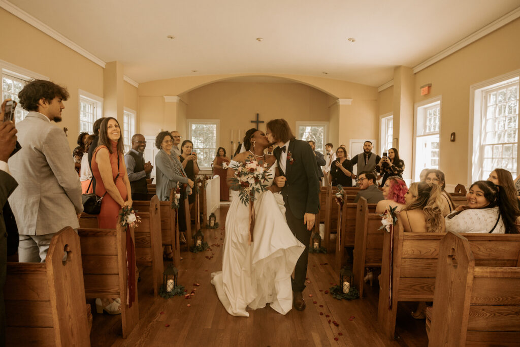 This romantic DIY wedding at the Allaire State Chapel in New Jersey stole our hearts with an intimate couple's photoshoot and barn reception.