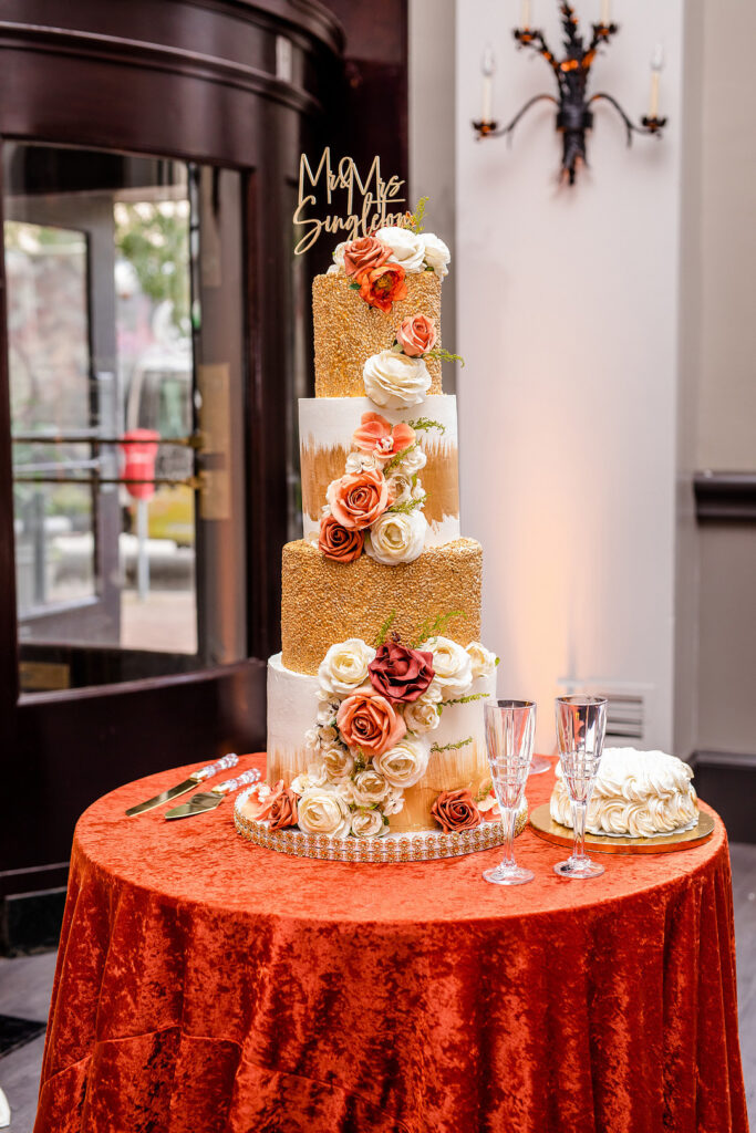 Military couple weds in a classy and timeless ceremony at 1208 Washington Place in Columbia, SC, with autumnal hues and historic charm. 
