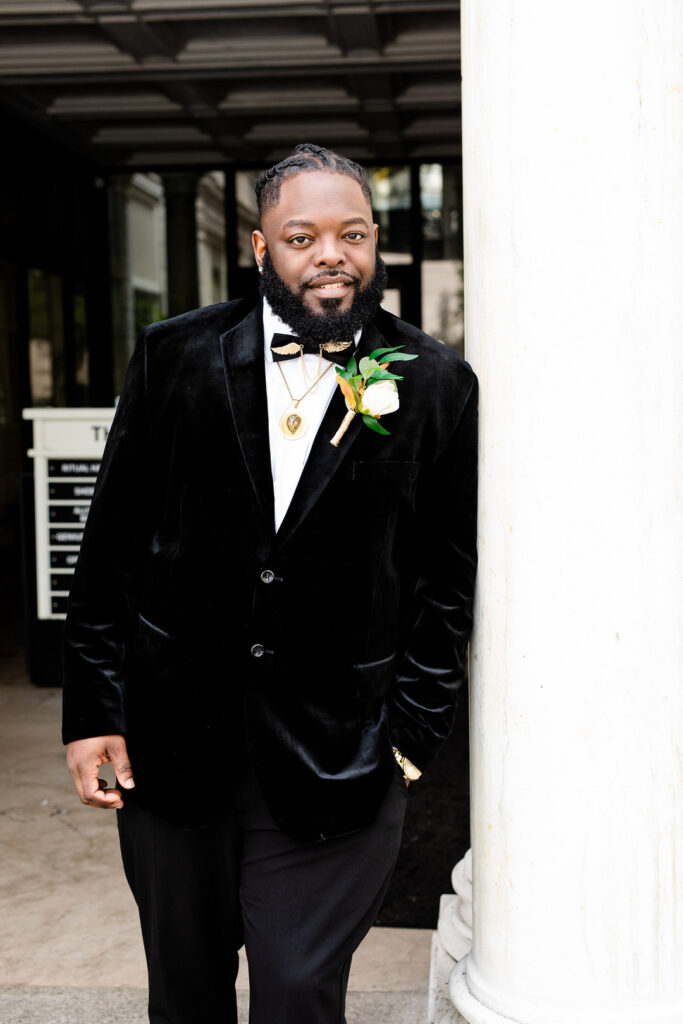 Military couple weds in a classy and timeless ceremony at 1208 Washington Place in Columbia, SC, with autumnal hues and historic charm. 