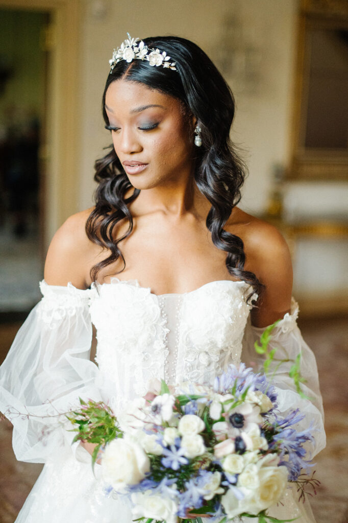 Featured in Issue 29, Styled Shoots Across America team create a romantic wedding editorial with blue hues at The Estate at River Run.