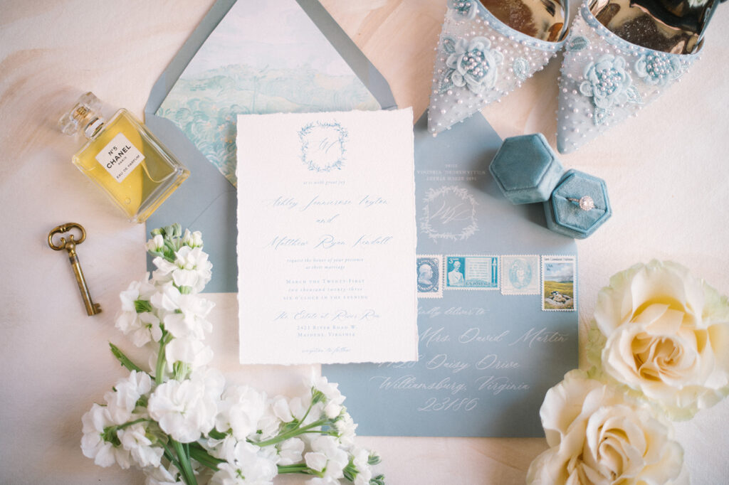 Featured in Issue 29, Styled Shoots Across America team create a romantic wedding editorial with blue hues at The Estate at River Run.