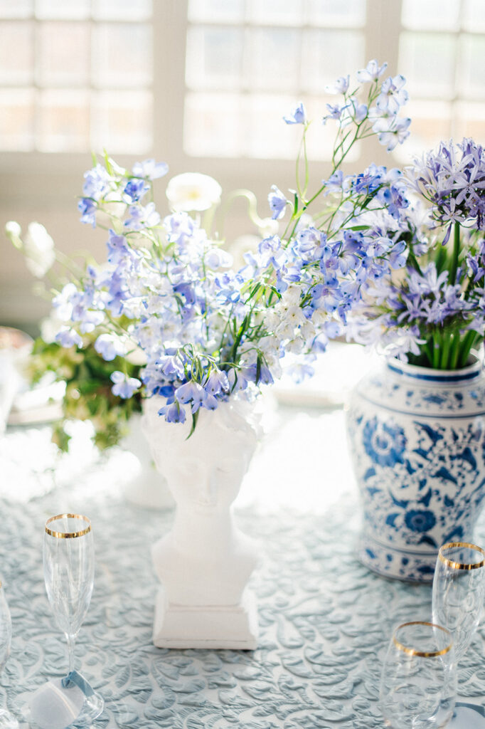 Featured in Issue 29, Styled Shoots Across America team create a romantic wedding editorial with blue hues at The Estate at River Run.