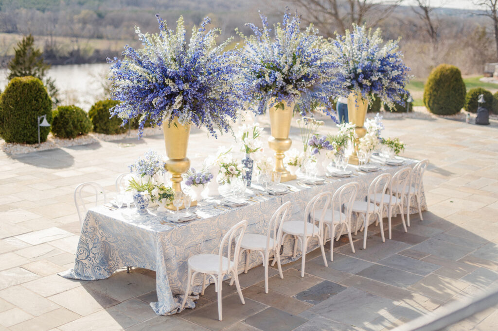 Featured in Issue 29, Styled Shoots Across America team create a romantic wedding editorial with blue hues at The Estate at River Run.